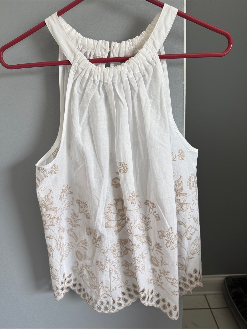 LOFT White Halter Camisole with Beige Floral Eyelet Trim